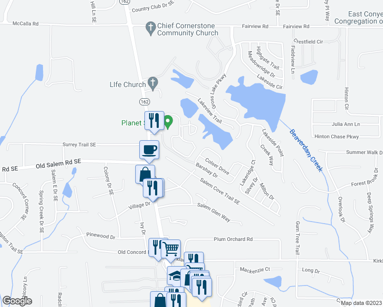 map of restaurants, bars, coffee shops, grocery stores, and more near 817 Greenleaf Road in Conyers