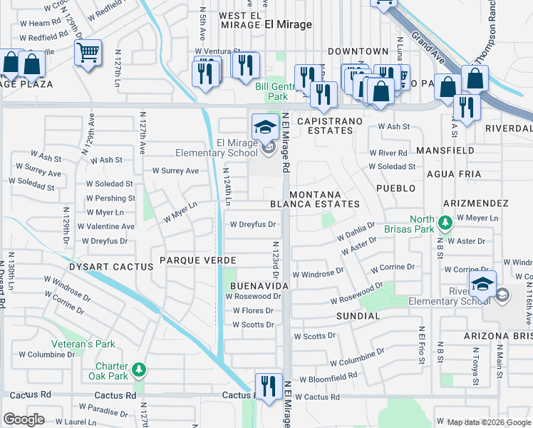 map of restaurants, bars, coffee shops, grocery stores, and more near 12325 West Dreyfus Drive in El Mirage