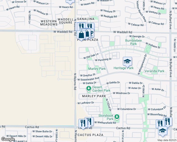 map of restaurants, bars, coffee shops, grocery stores, and more near 13183 North 154th Avenue in Surprise
