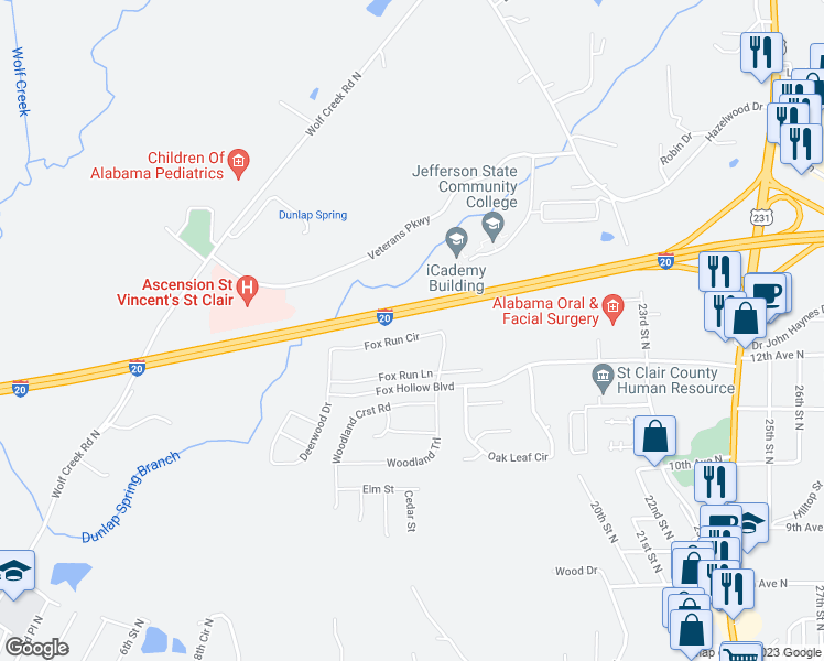 map of restaurants, bars, coffee shops, grocery stores, and more near 561 Fox Run Circle in Pell City