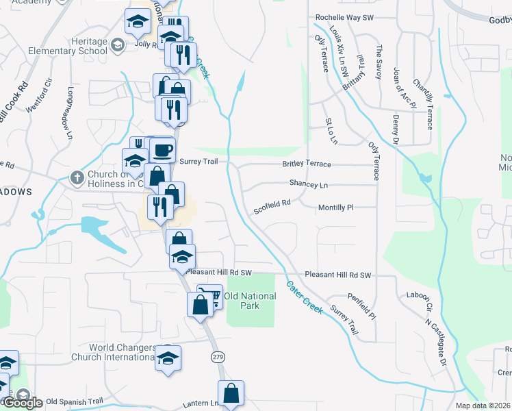 map of restaurants, bars, coffee shops, grocery stores, and more near 2265 Surrey Trail in College Park
