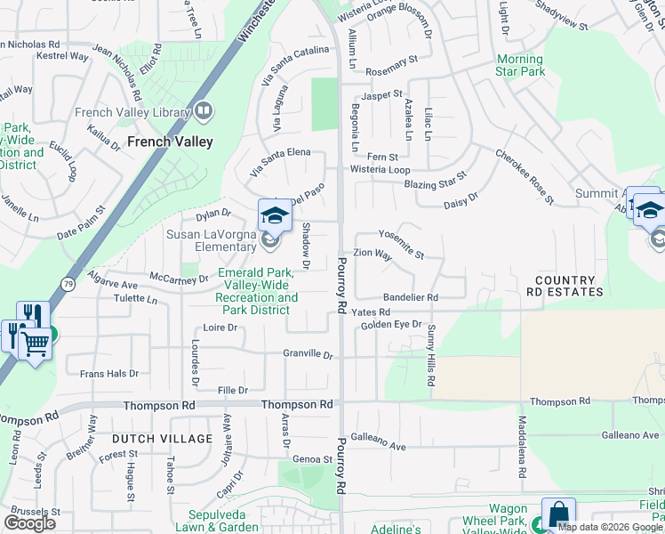map of restaurants, bars, coffee shops, grocery stores, and more near 35618 Porcelain Court in Winchester