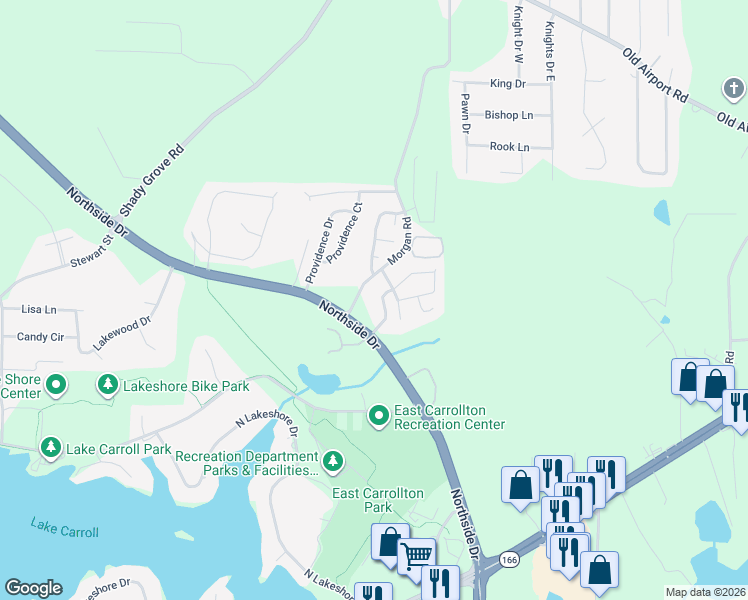 map of restaurants, bars, coffee shops, grocery stores, and more near 112 Stoney Brook Drive in Carrollton