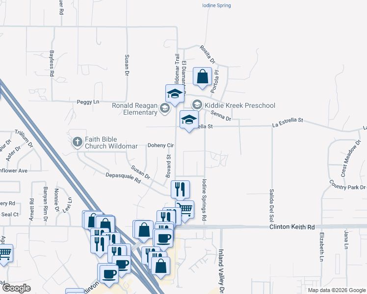 map of restaurants, bars, coffee shops, grocery stores, and more near 24038 Montecito Drive in Wildomar