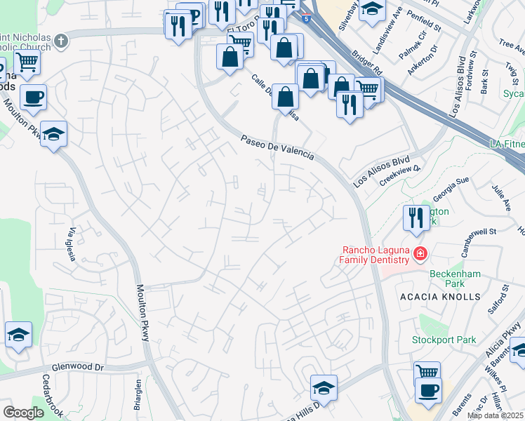 map of restaurants, bars, coffee shops, grocery stores, and more near 107 Via Estrada in Laguna Woods