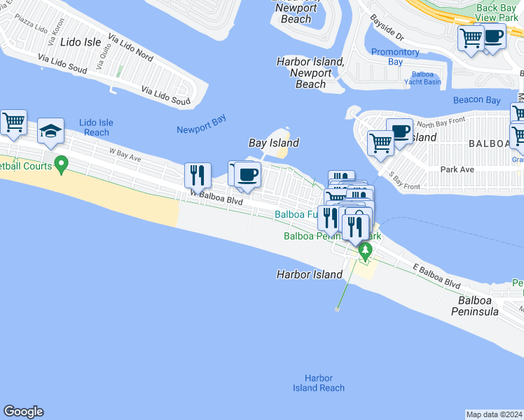 map of restaurants, bars, coffee shops, grocery stores, and more near 111 East Balboa Boulevard in Newport Beach