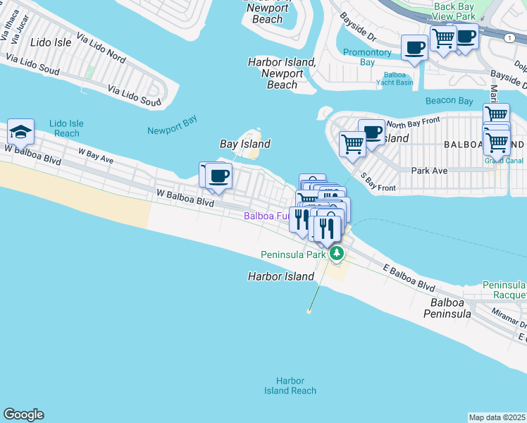 map of restaurants, bars, coffee shops, grocery stores, and more near 216 East Balboa Boulevard in Newport Beach