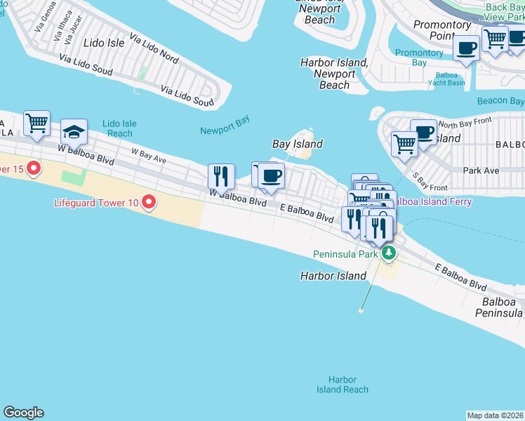 map of restaurants, bars, coffee shops, grocery stores, and more near 516 West Oceanfront in Newport Beach