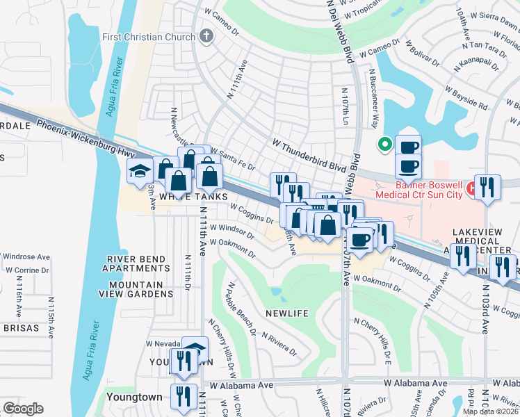 map of restaurants, bars, coffee shops, grocery stores, and more near 602 West Coggins Drive in Sun City