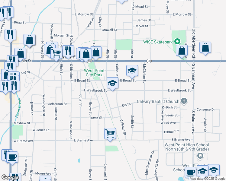map of restaurants, bars, coffee shops, grocery stores, and more near 634 East Westbrook Street in West Point