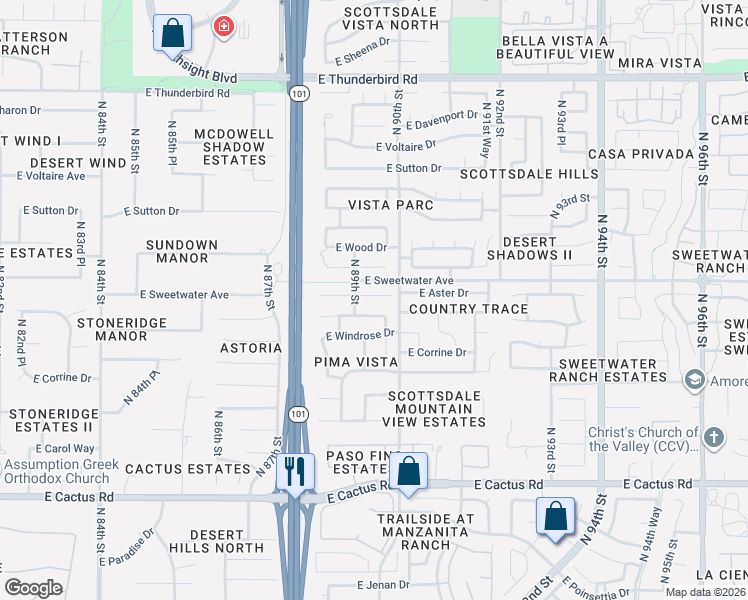 map of restaurants, bars, coffee shops, grocery stores, and more near 12840 North 89th Place in Scottsdale