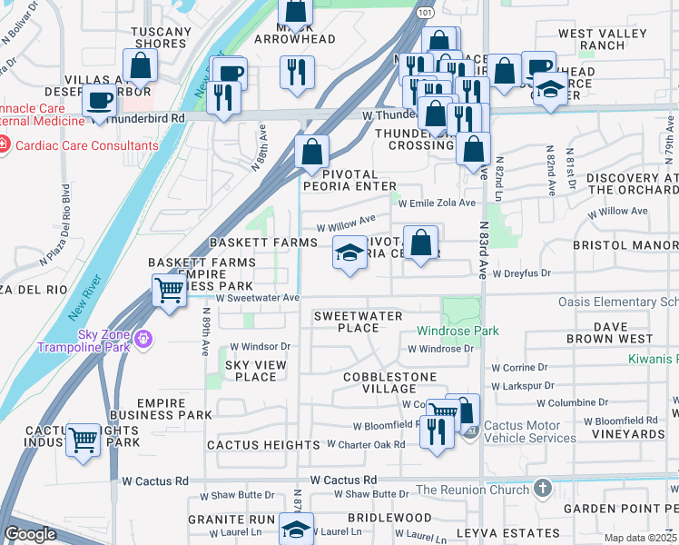 map of restaurants, bars, coffee shops, grocery stores, and more near 8624 West Sweetwater Avenue in Peoria