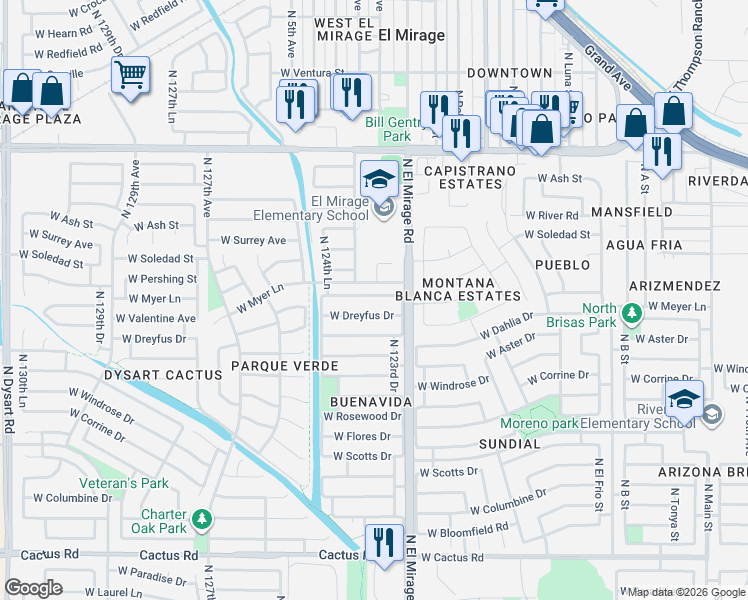 map of restaurants, bars, coffee shops, grocery stores, and more near 12333 West Valentine Avenue in El Mirage