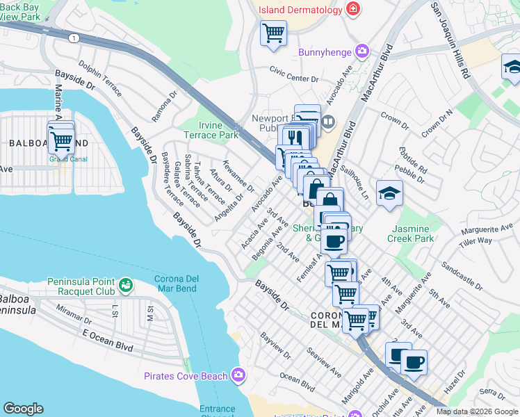 map of restaurants, bars, coffee shops, grocery stores, and more near 505 Acacia Avenue in Newport Beach