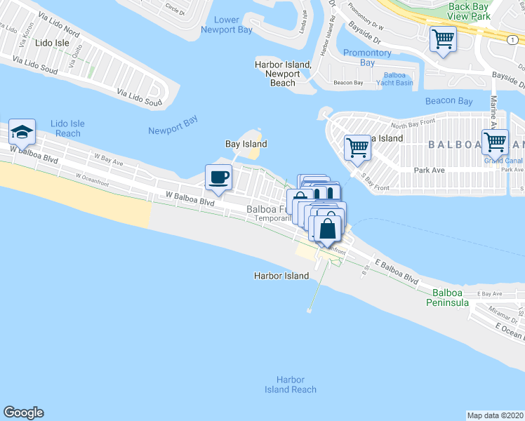 map of restaurants, bars, coffee shops, grocery stores, and more near 208 East Oceanfront in Newport Beach