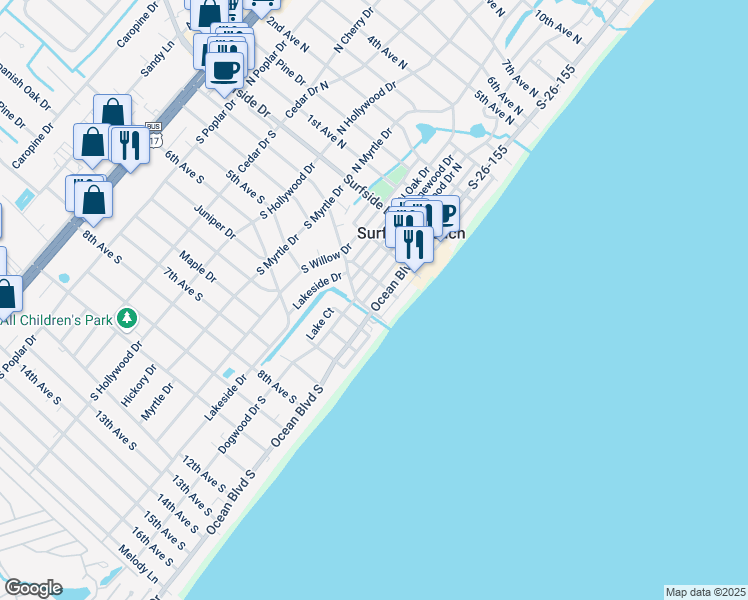 map of restaurants, bars, coffee shops, grocery stores, and more near 313A Ocean Boulevard South in Surfside Beach