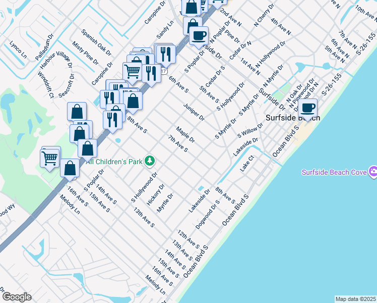map of restaurants, bars, coffee shops, grocery stores, and more near 514 8th Avenue South in Surfside Beach