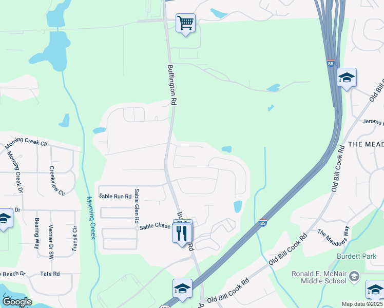 map of restaurants, bars, coffee shops, grocery stores, and more near 3341 Sable Elm Court in Atlanta