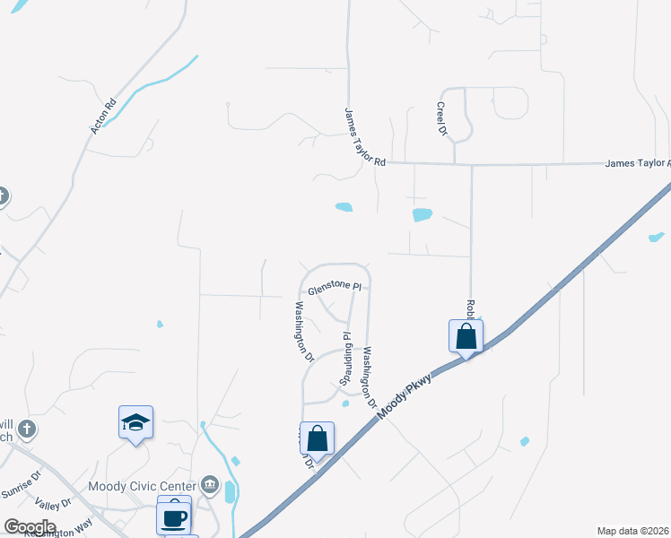 map of restaurants, bars, coffee shops, grocery stores, and more near 1233 Glenstone Place in Moody