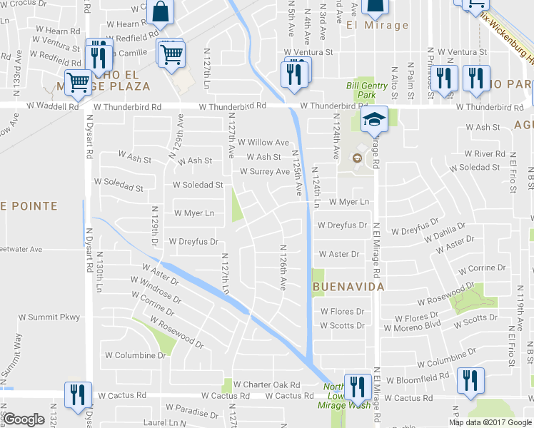map of restaurants, bars, coffee shops, grocery stores, and more near 12561 West Myer Lane in El Mirage