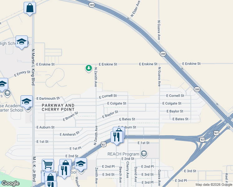 map of restaurants, bars, coffee shops, grocery stores, and more near 2634 East Cornell Street in Lubbock