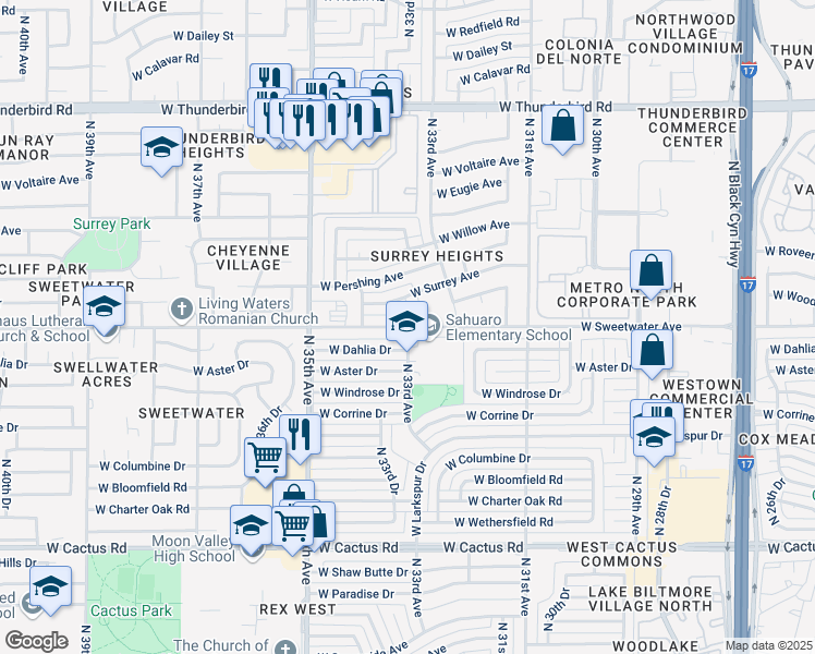 map of restaurants, bars, coffee shops, grocery stores, and more near N 33rd Ave & W Sweetwater Ave in Phoenix
