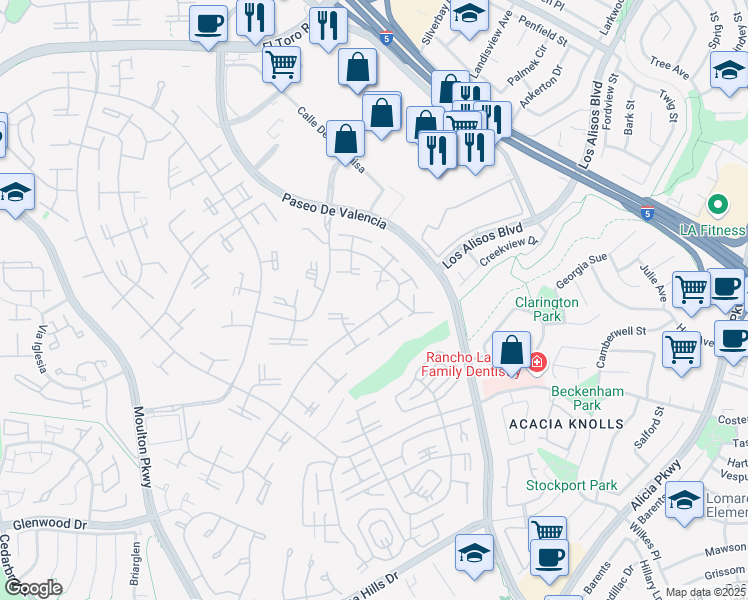 map of restaurants, bars, coffee shops, grocery stores, and more near 214 Avenida Majorca in Laguna Woods