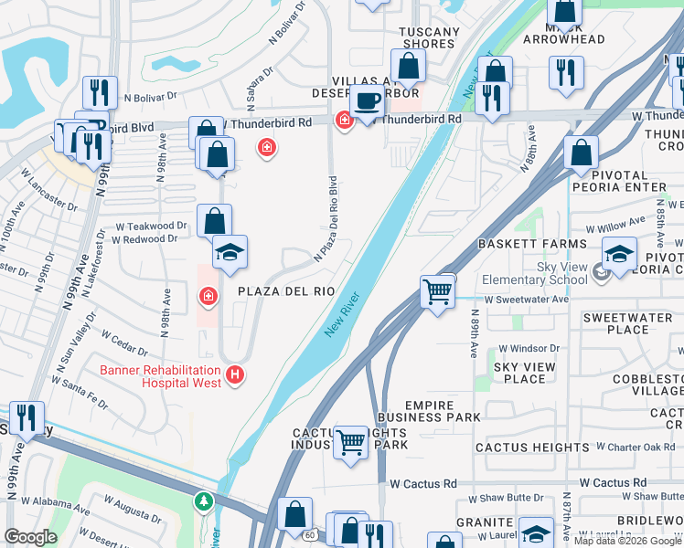 map of restaurants, bars, coffee shops, grocery stores, and more near 13161 North 91st Drive in Peoria