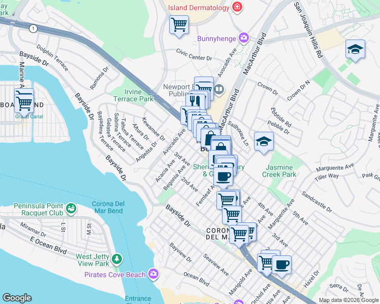 map of restaurants, bars, coffee shops, grocery stores, and more near 615 Begonia Avenue in Newport Beach
