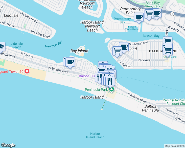map of restaurants, bars, coffee shops, grocery stores, and more near 317 West Bay Avenue in Newport Beach