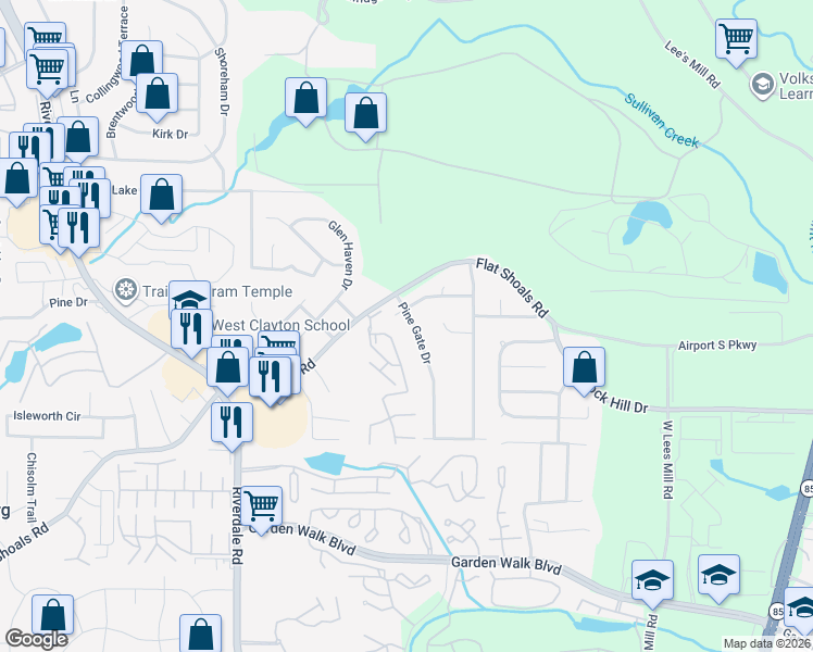 map of restaurants, bars, coffee shops, grocery stores, and more near 5557 Pine Gate Drive in Atlanta