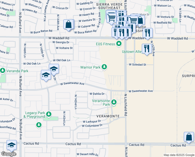 map of restaurants, bars, coffee shops, grocery stores, and more near 14097 West Valentine Street in Surprise