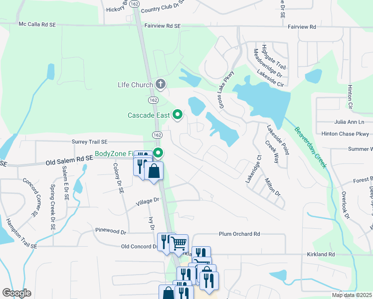 map of restaurants, bars, coffee shops, grocery stores, and more near 739 Greenleaf Road in Conyers