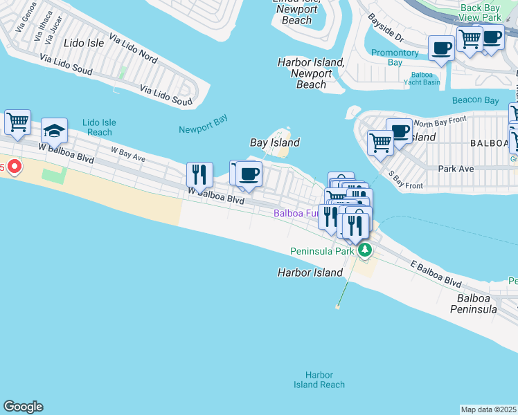 map of restaurants, bars, coffee shops, grocery stores, and more near 105 East Balboa Boulevard in Newport Beach