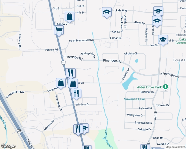 map of restaurants, bars, coffee shops, grocery stores, and more near 5566 Pineridge Court in Forest Park