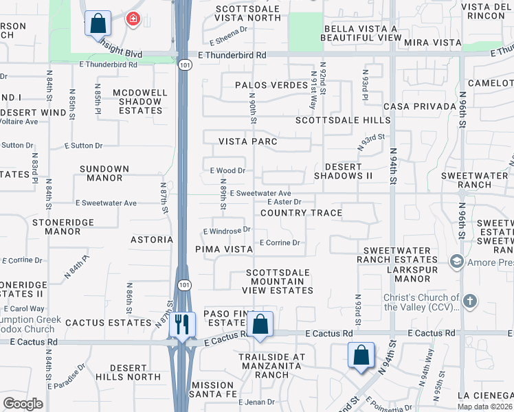 map of restaurants, bars, coffee shops, grocery stores, and more near 9003 East Aster Drive in Scottsdale
