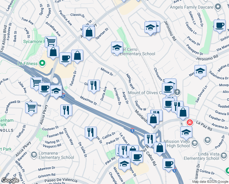 map of restaurants, bars, coffee shops, grocery stores, and more near 24685 Acropolis Drive in Mission Viejo