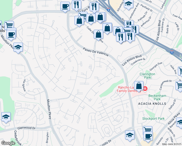 map of restaurants, bars, coffee shops, grocery stores, and more near 107 Via Estrada in Laguna Woods