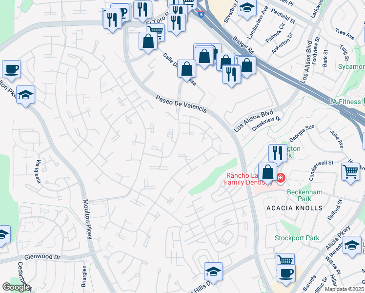 map of restaurants, bars, coffee shops, grocery stores, and more near 225 Avenida Majorca in Laguna Woods