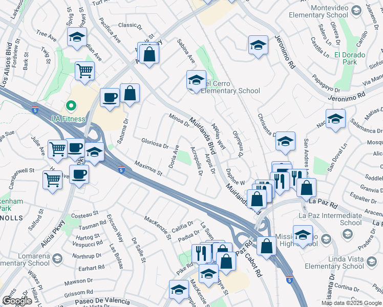 map of restaurants, bars, coffee shops, grocery stores, and more near 24685 Acropolis Drive in Mission Viejo