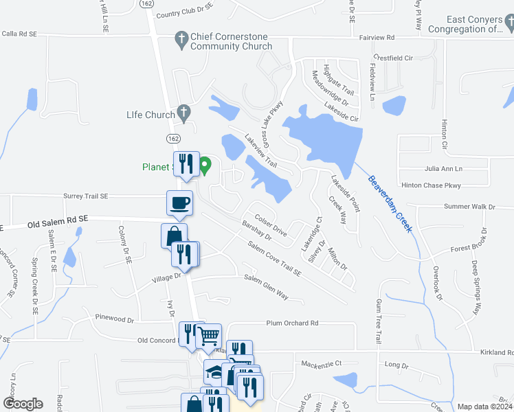 map of restaurants, bars, coffee shops, grocery stores, and more near 600 Barshay Drive in Covington