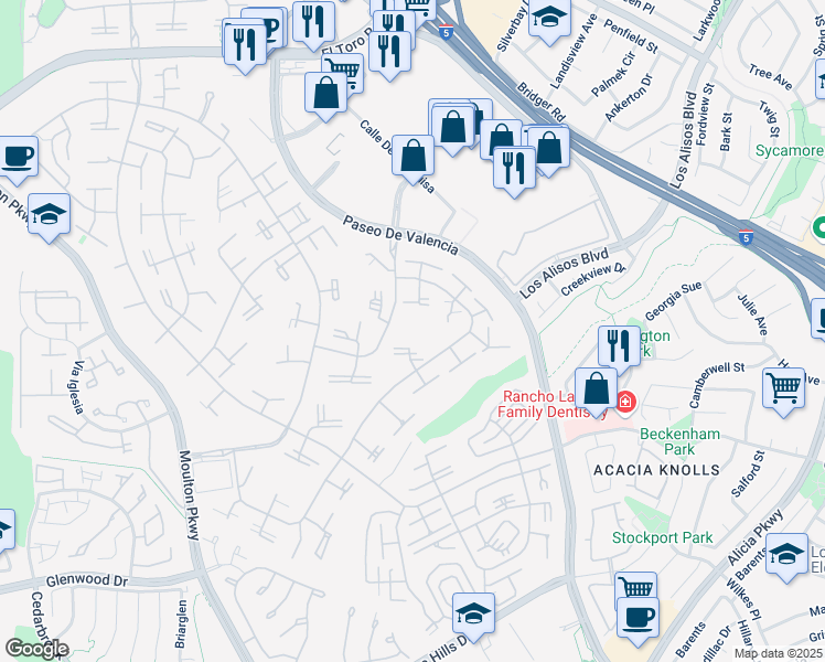 map of restaurants, bars, coffee shops, grocery stores, and more near 224 Avenida Majorca in Laguna Woods