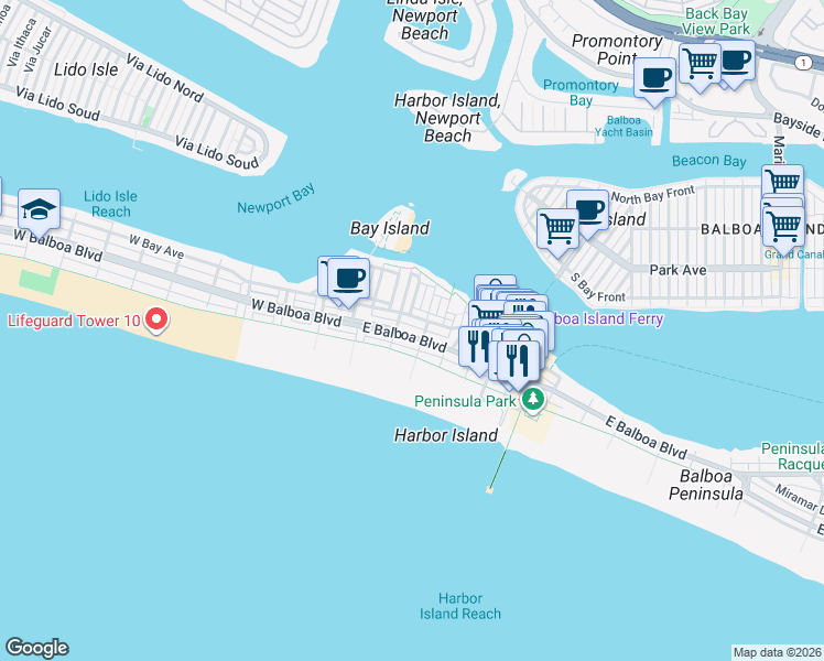 map of restaurants, bars, coffee shops, grocery stores, and more near 208 East Oceanfront in Newport Beach