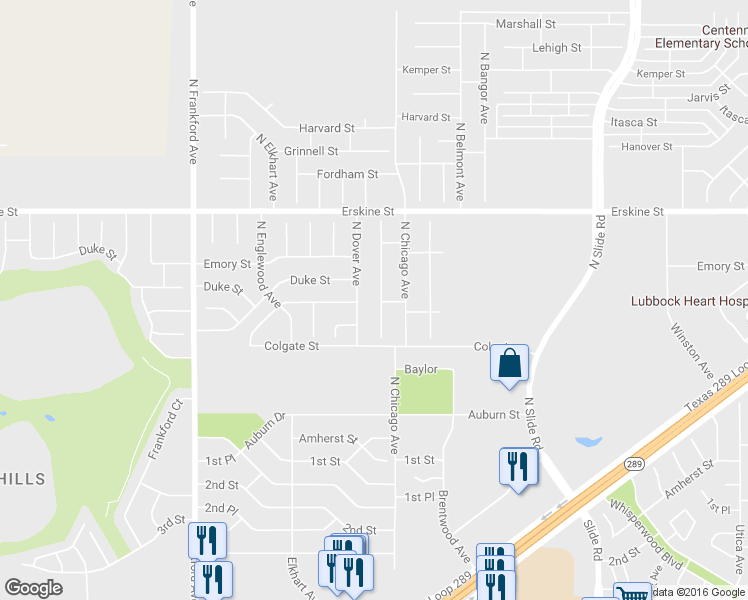 map of restaurants, bars, coffee shops, grocery stores, and more near 404 North Dover Avenue in Lubbock