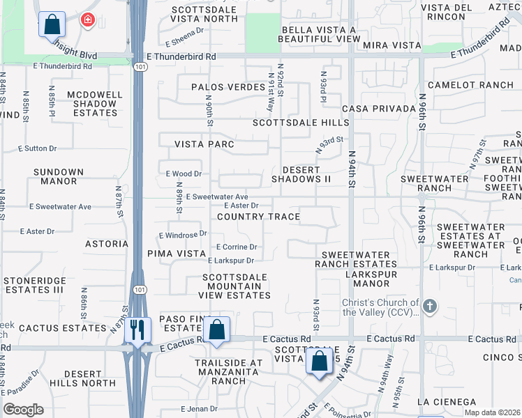 map of restaurants, bars, coffee shops, grocery stores, and more near 9087 East Sahuaro Drive in Scottsdale