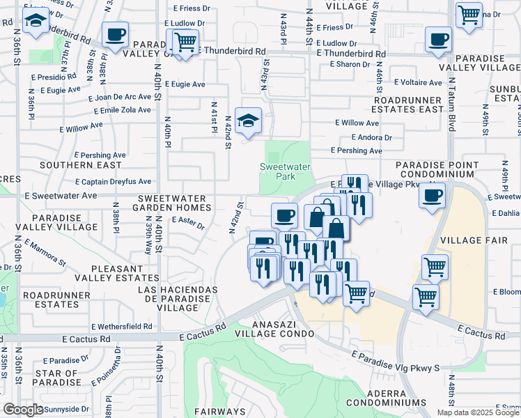 map of restaurants, bars, coffee shops, grocery stores, and more near 12830 North Paradise Village Parkway West in Phoenix