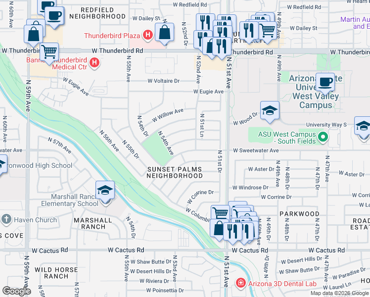 map of restaurants, bars, coffee shops, grocery stores, and more near 5309 West Sweetwater Avenue in Glendale
