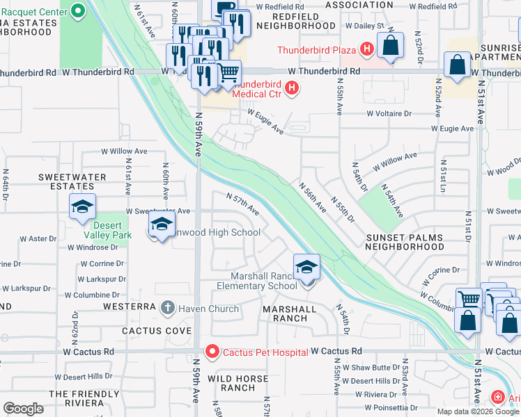 map of restaurants, bars, coffee shops, grocery stores, and more near 12816 North 57th Avenue in Glendale