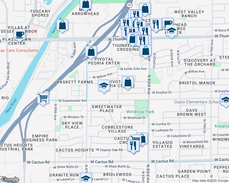map of restaurants, bars, coffee shops, grocery stores, and more near 8450 West Sweetwater Avenue in Peoria