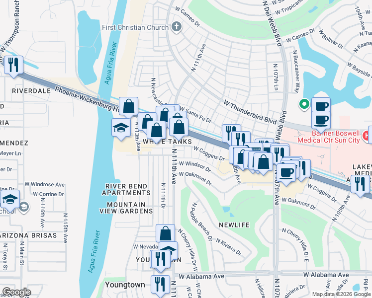map of restaurants, bars, coffee shops, grocery stores, and more near 11024 West Windsor Drive in Sun City
